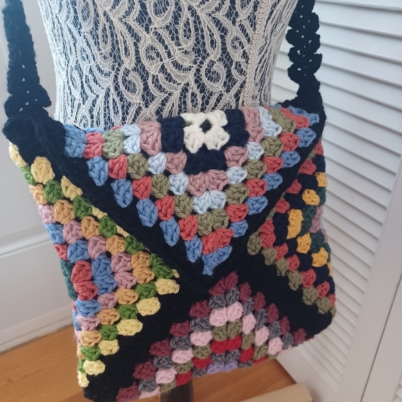 Granny Square Multicolor Crochet Shoulder Crossbody Bag Boho Hippy - Picture 3 of 12